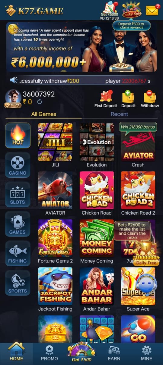 K77game homepage with casino, slots, aviator, fishing, sports and real money gaming options.