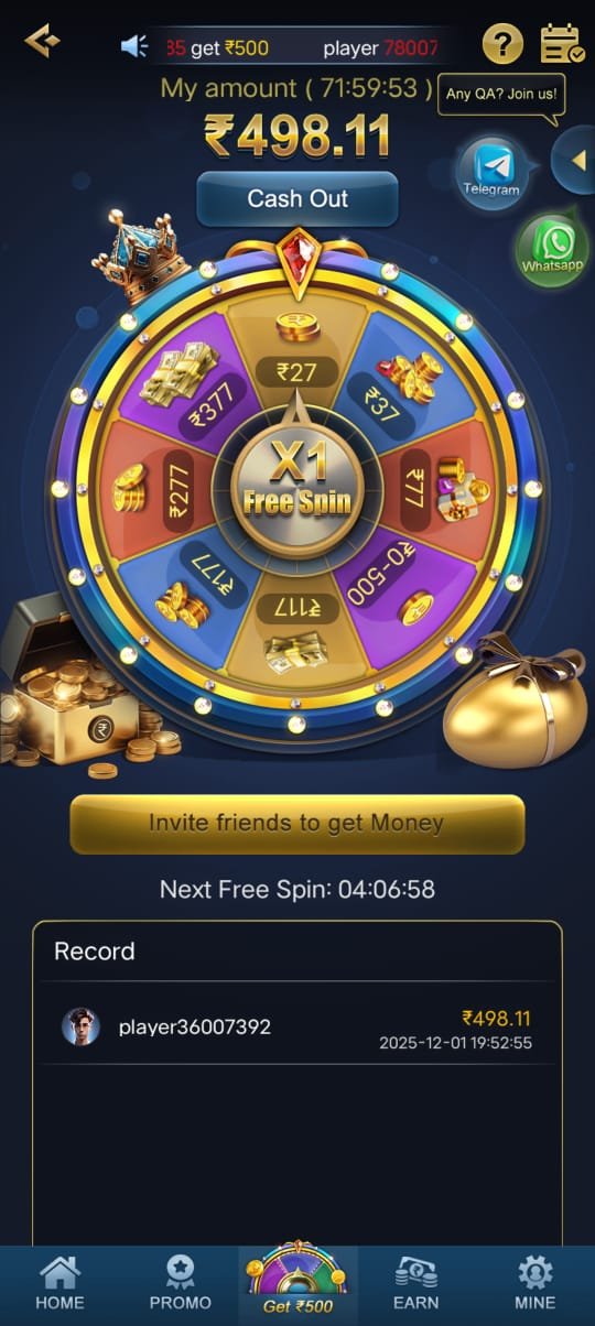 K77game wheel spin earnings screen showing ₹498.11 cash balance and free spin feature.